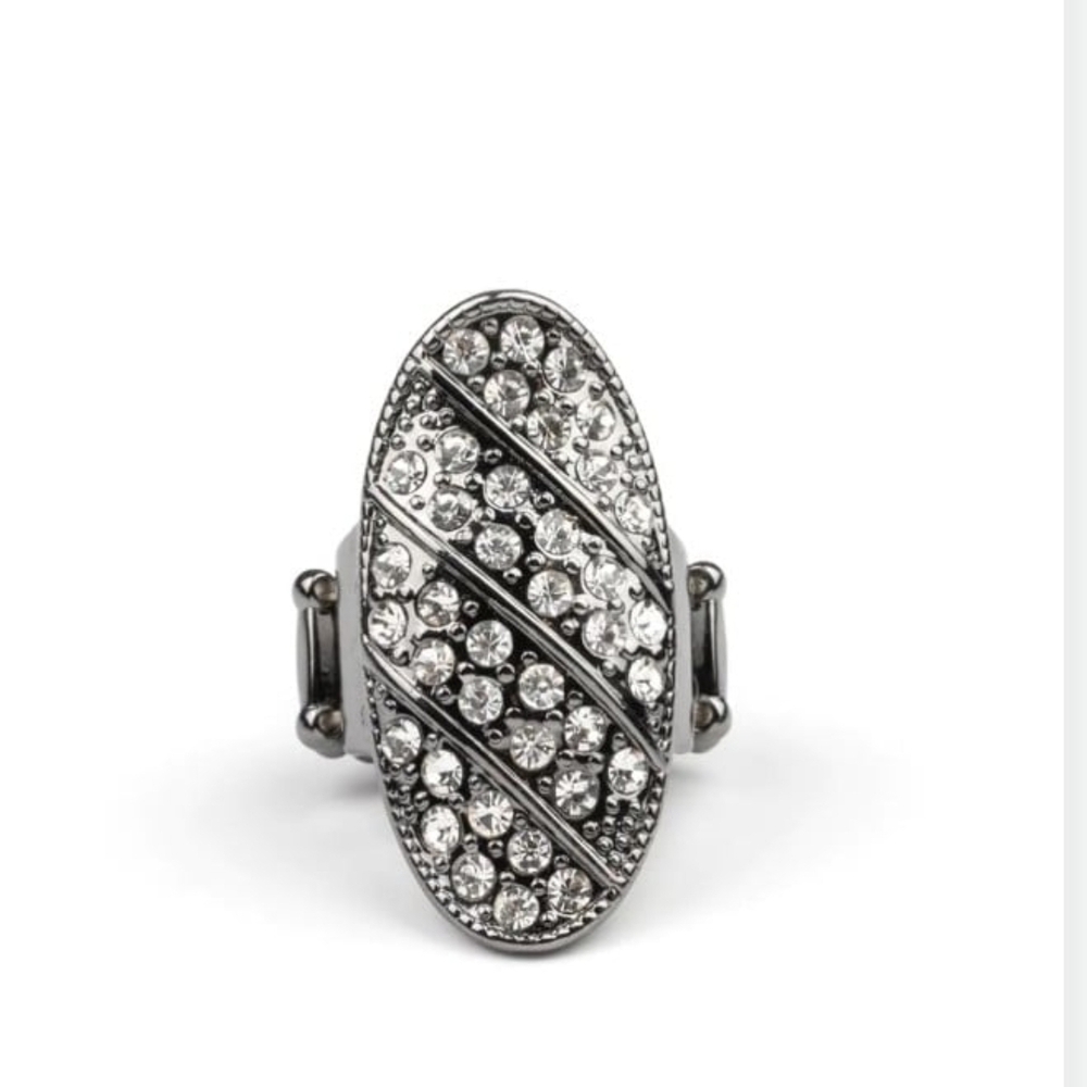Paparazzi Silver Cocktail Ring with Crystals Galactic Glitz Black Diamond Jewels